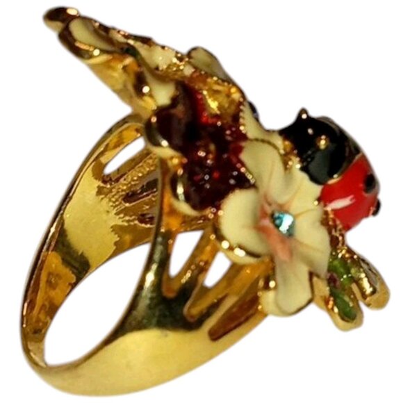 ALDO Size 9 Vintage Vibrant Floral Lady Bug Ring Gold Tone Enamel Rhinestone - Picture 5 of 7